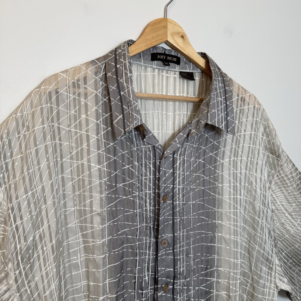 Joey Richi 100% Silk Camp Shirt Men's 3XL Gray Abstract Sheer Button Up Y2K